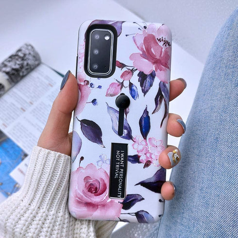 Compatible with Samsung Galaxy S20 Case Finger Grip,3D Embossed Pink Flowers White Shell Design, Rugged Shockproof Slim Fit Dual Layer Finger Ring...