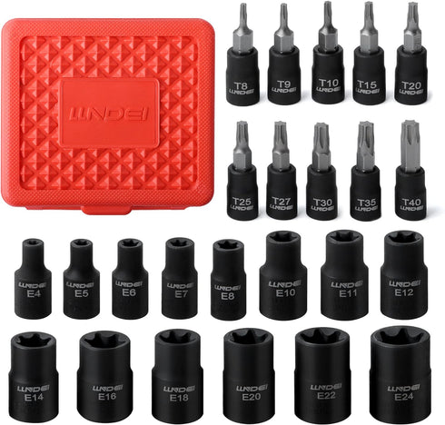Torx Bit Socket and Female External Socket Set 24PCS, LLNDEI 10 Star Socket Bits (T8-T40)& 14 Female E-Torx Sockets (E4-E24) 1/4" 3/8" 1/2", CR-V,...
