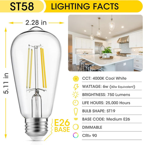 Vintage LED Edison Bulbs, 6W, Equivalent 60W, High Brightness Cool White 4000K, ST58 Antique LED Filament Bulbs with 90+ CRI, E26 Medium Base, Dim...