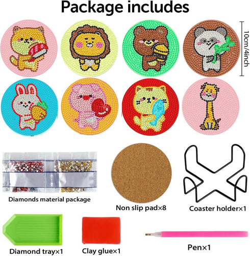 DOTSOPS 8 Pcs Cartoon animal Diamond Painting Coasters Kits with Holder - DIY Diamond Art Coaster - Non Slip Coaster for Adults Diamond Painting K...