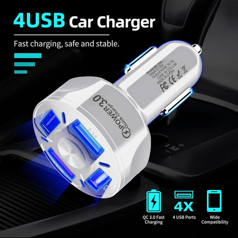 Amiss QC3.0 Car Charger Adapter, 4 Ports USB Car Charger, Fast Charging Electronic Devices with USB Interface, Car Interior Accessories, Compatibl...