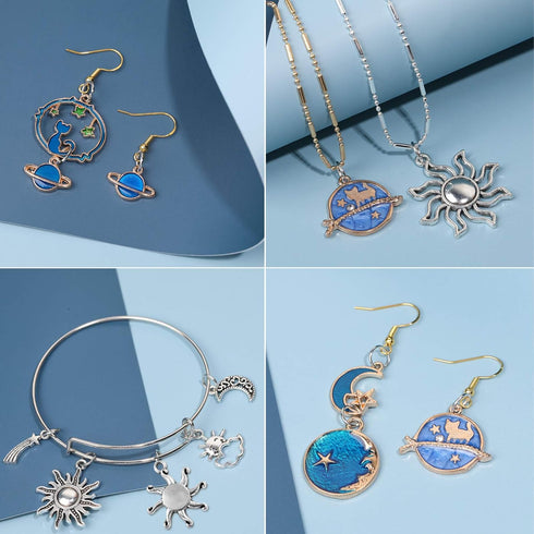 WILLBOND 108 Pieces Jewelry Charms, Mixed Antique Silver Sun Stars Moon Charms Pendants, Assorted Gold Plated Enamel Cat Moon Star Celestial Charm...