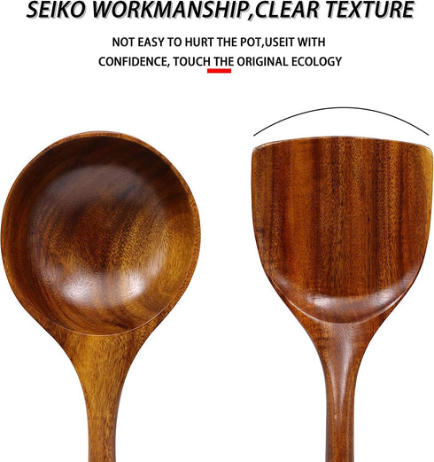 FJNATINH Wooden Wok Spatula Ladle Tool Set, 14-inch Long Handle Teak Wok Spatula...