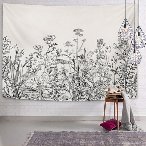 Emvency Tapestry Floral Border Herbs and Wild Flowers Botanical Engraving Style Black and White Home Decor Wall Hanging 50" x 60" Inches Print for...