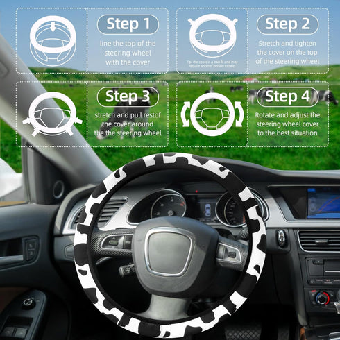 SuperKaKa 3PCS Cow Print Steering Wheel Cover,Auto Cute Anti-slip Breathable Cow-Pattern Shift Gear & Hand Brake Covers Universal Car Interior Acc...