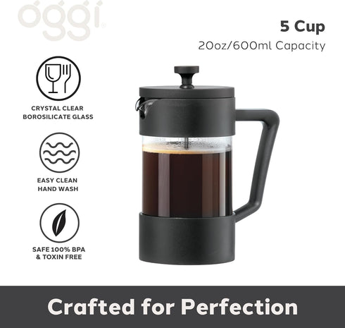 Oggi Borosilicate Glass French Press Coffee Maker (20oz)- 5 Cup Capacity, Coffee Press, Single Serve Coffee Maker, Stainless Steel Lid & Plunger, ...