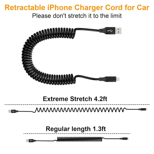 Coiled iPhone Charging Cable 2-Pack, Apple Carplay & MFi Certified, Short USB to Lightning Cable with Data Transmission, Retractable iPhone Car Ch...