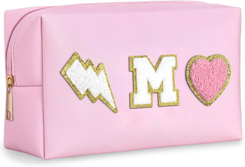 Preppy Makeup Bag, Personalized with Initial Letter, PU Leather Outside, Polyester Lining, Gold Zipper, Large Capacity, 8.3x5.1x3.5 Inch, Perfect ...