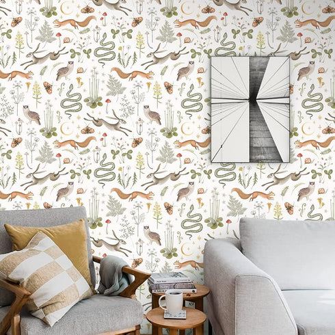 Colorful Animals Peel and Stick Wallpaper Squirrel,owl,snake,rabbit Removable Waterproof Wallpaper Decorative Contact Paper Vinyl Boho Mushrooms a...