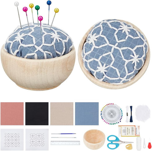 WEBEEDY DIY 4 Sets Embroidery Pin Cushion Sewing Kit, Sashiko Embroidery DIY Kit with Wooden Base Japanese Traditional Style Pin Holder for Adults...