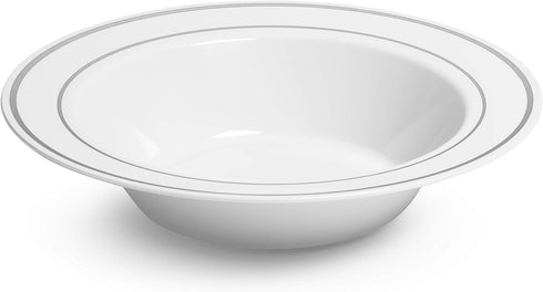 Silver Rimmed White Bowls - 5 ounce - 50 Count - Hard Plastic - Disposable or Reusable - Dessert Bowls - Salad Bowls- Cereal Bowls - Pasta Bowls...