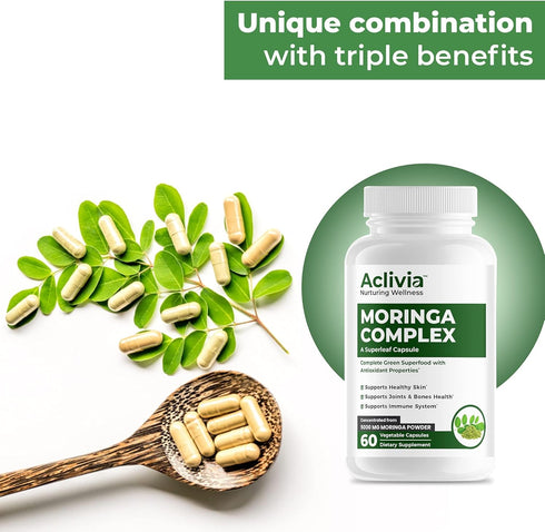 Moringa Complex with Oleifera Leaf & Seed Extract, Potent Strength 5000 mg per Serving, Complete Green-Based Superfood with Antioxidant Properties...