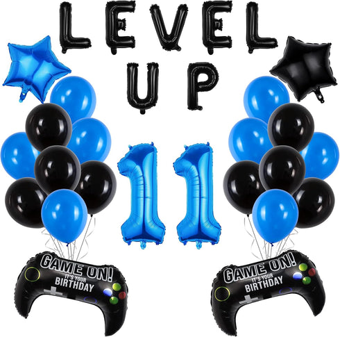Video Game Birthday Party Set, Level Up 11 Video Game Balloons Controller Balloons Blue Black Stars Aluminum Foil Balloons Kit Decorations (11TH)...