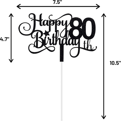 Black Glitter 80th Birthday Cake Topper, Happy 80th Birthday Cake Topper, 80th Birthday Party Decorations...