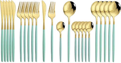JASHII Flatware Serving Set 24 Piece, Stainless Steel Silverware Set, Mint Green Gold Cutlery, Modern Elegant Tableware for Party, Christmas, Dinn...
