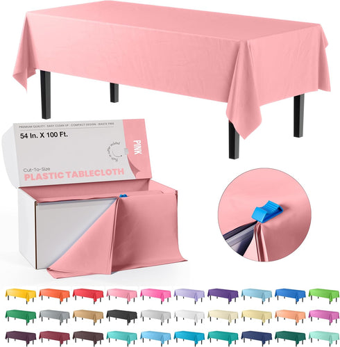 Exquisite Party Solids 54 Inch X 100 Feet Pink Plastic Table Cover Roll in A Cut - to - Size Box with Convenient Slide Cutter. Cuts Up to 12 Recta...