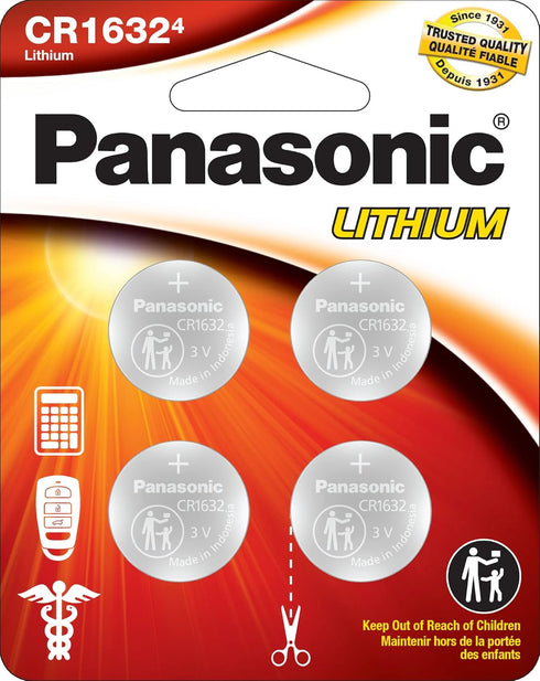 Panasonic CR1632 3.0 Volt Long Lasting Lithium Coin Cell Batteries in Child Resistant, Standards Based Packaging, 4-Battery Pack...