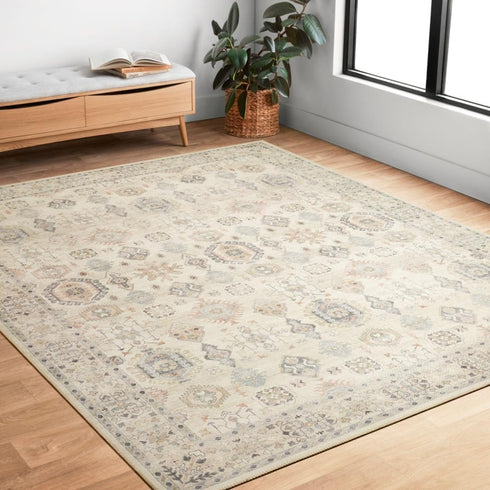 Loloi Hathaway Collection HTH-04 Beige/Multi 2'-6" x 7'-6", .25" Thick Runner Rug, Soft, Durable, Printed, Modern, Low Pile, Non-Shedding, Easy Cl...
