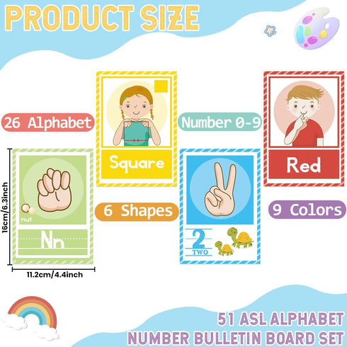 gisgfim 51Pcs ASL Alphabet Line Bulletin Board Set Sign Language Flash Cards ABC Number Learning American Sign Language Poster for Kid Toddler Cla...