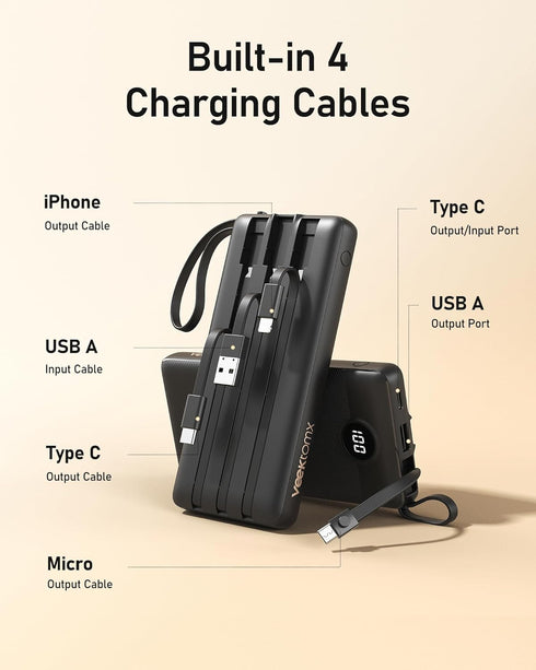 VEEKTOMX Portable Charger with Built-in Cables, 10000mAh Power Bank for iPhone, Slim Fast Charge USB C Battery Pack, Travel Essentials Powerbank C...