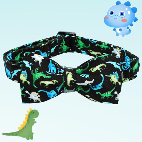 Dog Collar Dinosaur Print Pet Collar Soft Cute Dog Collar with Bow Tie Adjustable Metal Buckle Collar Gift Collar for Small Dogs...