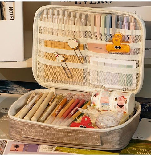 Pencil Pouch Large Capacity Pen Case with Anime Display Window for Women Cosmetic Organizer Travel Supplies (Brown)...