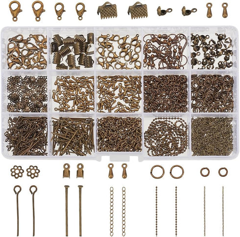 PH PandaHall about 870 Pcs Jewelry Finding Kits with Lobster Claw Clasps, Jump Ring, Ribbon Clamp End, Earring Hook, Flower Bead Cap, Cord End, Ey...