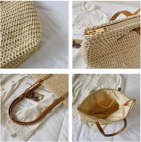 Large Straw Beach Bag for Womens, Straw Handbag Woven Tote Bag With Zipper Summer Straw Shoulder Bag...