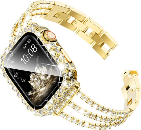 Surace Gold Apple Watch Bands 45mm for Women Series 9 8 7, Bling Diamond Rhinestone Link Bracelet with 2 in 1 Waterproof Bling Case Lace Edge Diam...