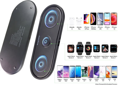 Wireless Charger for iPhone, KingTSYU 3 in 1 Charging Station for Apple Multiple Devices, Travel Wireless Charging Pad Compatible for Phone/iPhone...