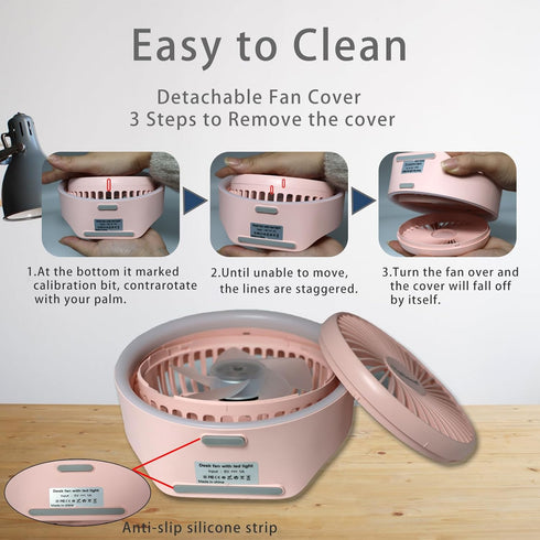 Pink Desk Fans Small Quiet with Ambient Light/Hook Portable USB Fan 5.3in High Power 3000mAH Rechargeable Battery Operate 3 Speed 180°Rotated Easy...