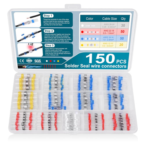 150PCS Solder Seal Wire Connectors, Self Soldering Heat Shrink Butt Connectors Solder Sleeve, Solder Seal Butt Connectors Kit Waterproof Electrica...