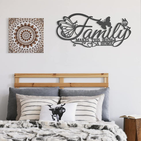 Family Metal Wall Decor Word Sign, Black Family Makes This House A Home Art Butterflies Love Heart Wall Hanging Sculpture, Iron Letters Quotes for...