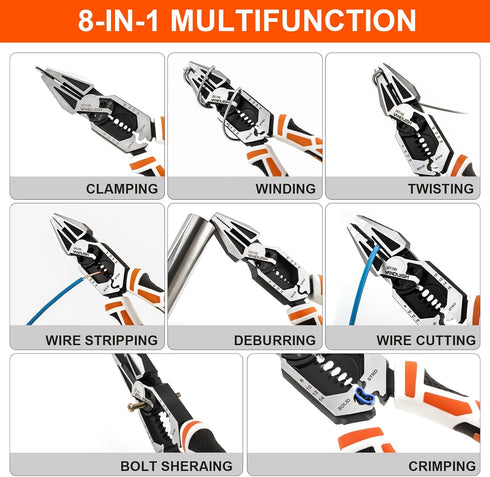 Vanquish 8-in-1 Multifunctional Lineman Pliers, 8” Wire Cutter with Wire Stripper/Crimper Function for Crimping, Stripping, Shearing,Cutting, Clam...