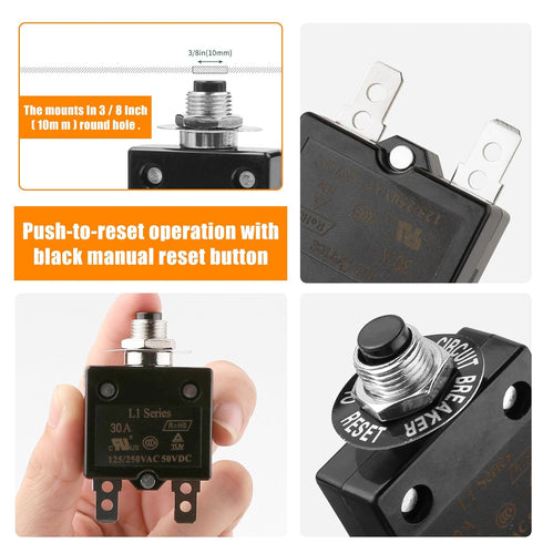 10A Manual Reset Button Circuit Breaker 2 Pack 125/250V AC 50V DC Thermal Overload Protector with Quick Connect Terminals and Waterproof Button Ca...