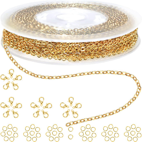 Jishi 33ft Stainless Steel Gold Plated Chain for Jewelry Making Supplies - 2mm 18K Gold Plated Non Tarnish - 33ft Roll with Lobster Clasps, Jump R...