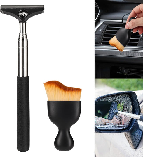 Mini Side Mirror Squeegee + Car Cleaning Brush, 2PCS Small Car Tools Kit, Car Essentials for Women Men Teens, New Car Must Haves Things, Car Truck...