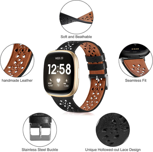 Leather Bands Compatible with Fit bit Versa 4 Bands & Versa 3 Bands & Sense 2 Wristbands, Breathable Floral Hollow-Out Lace Sense Leather Strap fo...