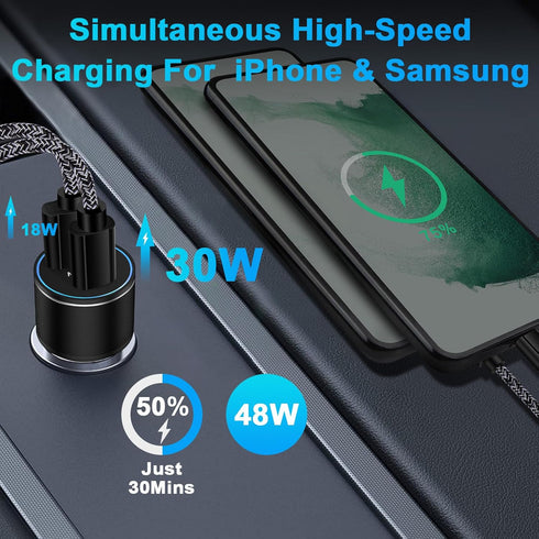 48W USB C Car Charger, All Metal 12V USB Outlet PD & QC 3.0 Fast Charge iPhone Car Charger Adapter Type C Flush Fit Car Plug for iPhone 15 14 13 1...