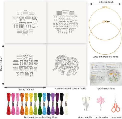 INFUNLY 4 Set Stitches Embroidery Kit for Adults Elephant Cross Stitch Kits for Beginners Stamped Embroidery Kit with Instructions, 2 Embroidery H...