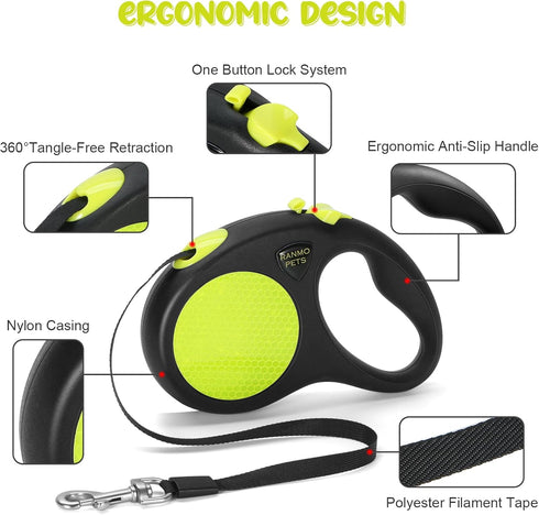 Retractable Dog Leash for Large Dog up to 77 lbs, Nylon casing,16 ft Tape, The Eagle Mouth Bionics Design Rope Outlet and Tangle-Free (Green)...
