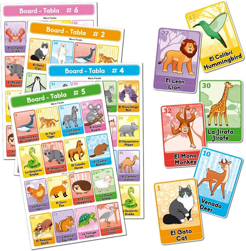 Bilingual Tablas Game in English and Spanish, Mexican Bingo for 10 Players - 10 Boards, Full Deck of Cards and Chips, Theme Animals...
