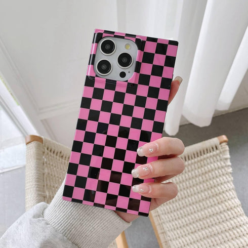 Rectangle Pink Checkered Phone Case for iPhone 15 Pro (6.1in) Cute Checkerboard Checker Flag Print Glossy Slim Trendy Rectangled Edge Strong Shock...