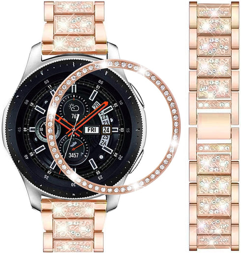 Bands Compatible with Samsung Galaxy Watch 46mm / Gear S3 Frontier/Classic, 22mm Bling Rhinestone Diamond Metal Strap with Bezel Ring Cover Replac...