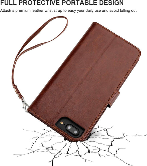 Bocasal PU Leather Wallet Case for iPhone 7/8 Plus with Card Holder, Magnetic Kickstand, Wrist Strap & Removable Flip Cover (Brown)...