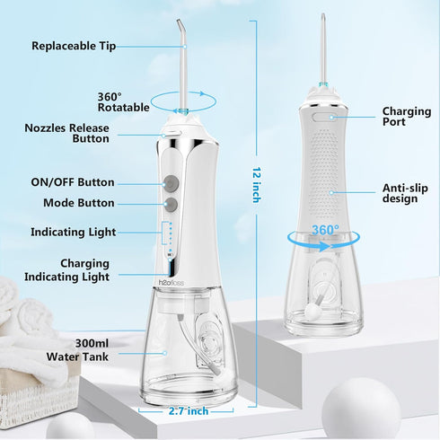 H2ofloss Water Dental Flosser Cordless, 300ML Rechargeable Oral Irrigator for Teeth Cleaning, Portable & IPX7 Waterproof Teeth Cleaner Pick for Br...