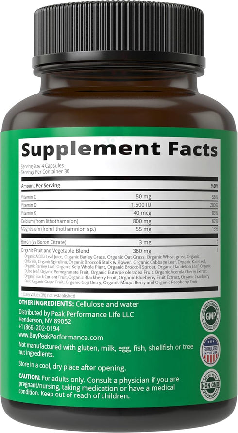 Plant Based Calcium - Red Marine Algae Calcium Supplement with Vitamin C, D3, K, Magnesium, and Whole Food Vegetable Blend. Vegan Capsules for Bon...