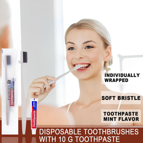 Disposable Toothbrushes with Toothpaste Pack of 60,Straw Apricot Toothbrush in bulk with 10g Toothpaste Individually Wrapped Disposable Travel Too...