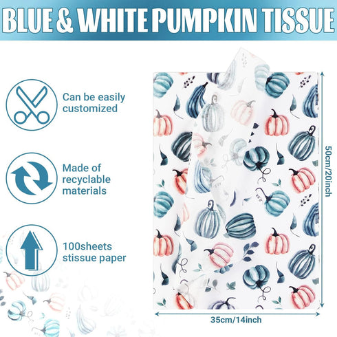 100 PCS Blue White Pumpkin Tissue Paper for Gift Wrapping, Pumpkin Pattern Tissue Paper for Blue White Thanksgiving Fall Harvest Party Decor Decou...