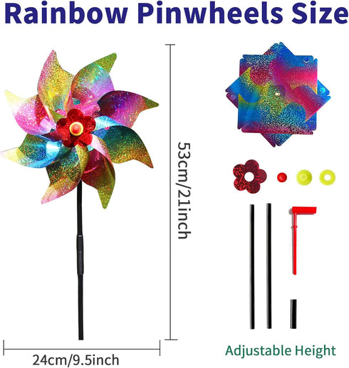 10 Pieces 21 Inches Rainbow Reflective Pinwheels with Stakes Windmill Wind Spinners Outdoor for Yard Garden Lawn Farm Decor Bird Repellent, Large ...